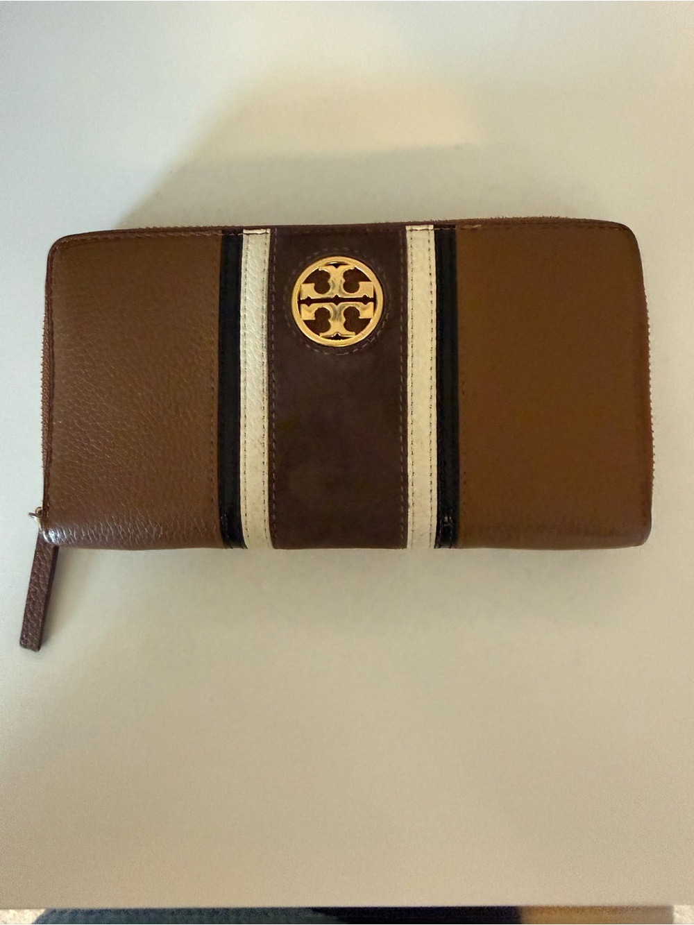 Tory Burch Brown Leather Zip-Around Wallet with Gold Logo